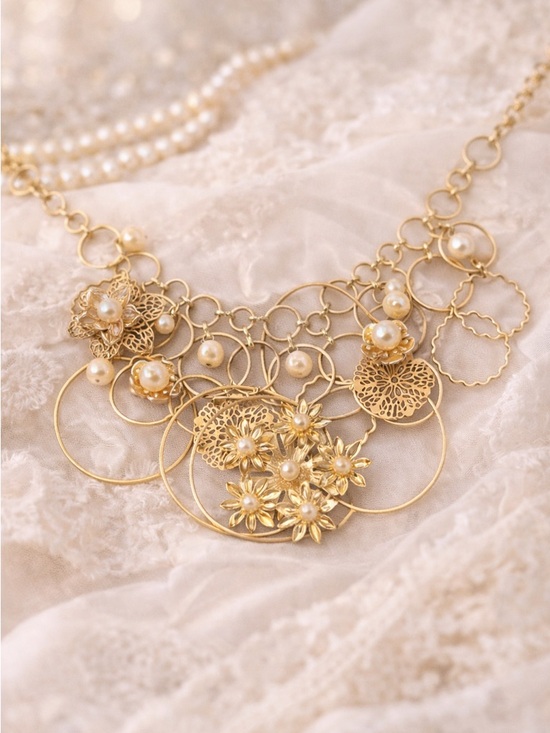 Jewelry - Gold Floral Statement Necklace with Pearl Accents